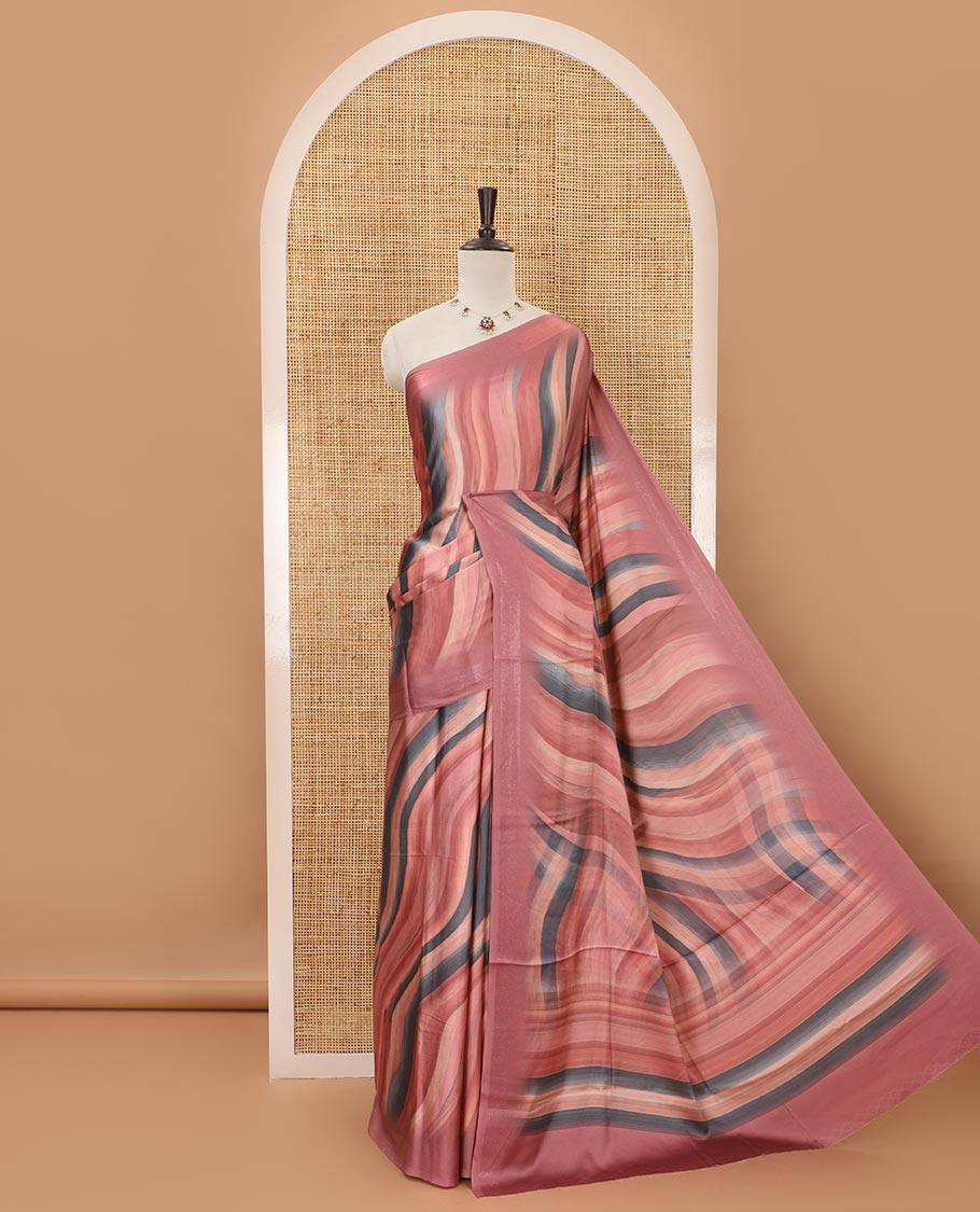 Pink ombre-color abstract-printed satin crepe saree, copper zari line weave border & matching jaal printed blouse