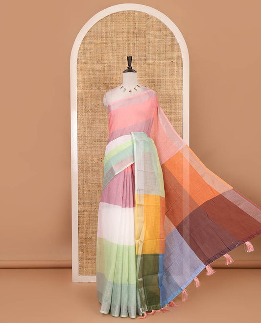 Multi-color rainbow colored strip-blocked linen cotton saree, silver zari border & contrast blouse