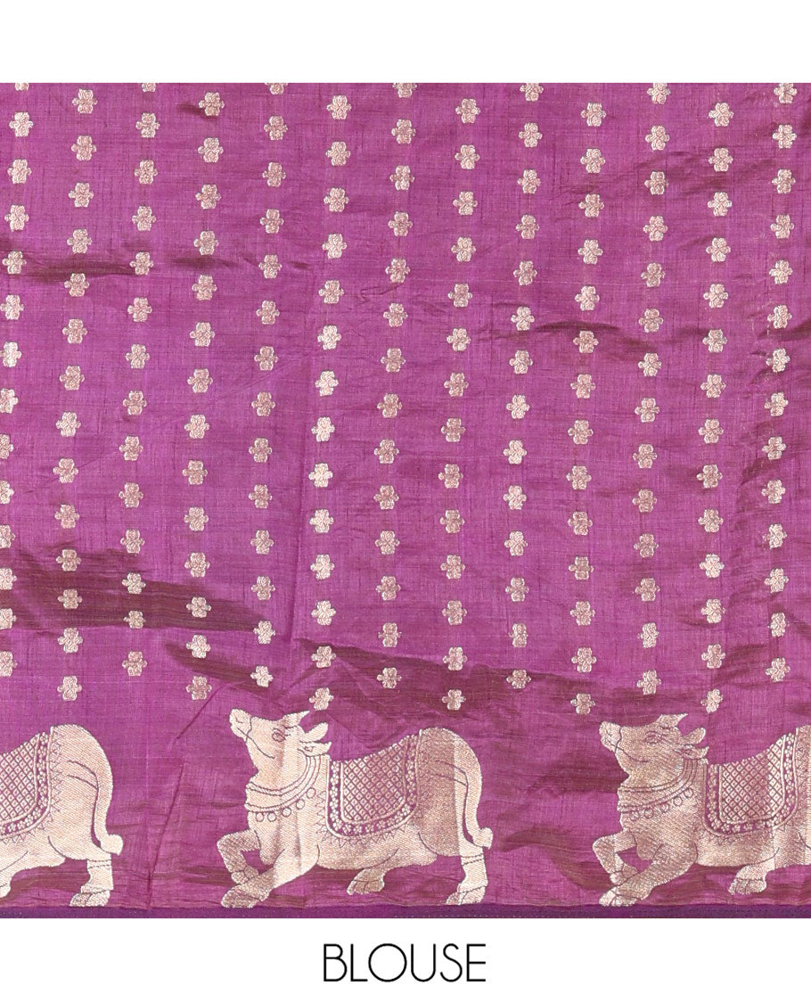 Violet Art Tussar Saree, Delicately Woven with Gold Zari Buttas All Over Its Body, Highlighted by a Zari Border of Pichwai Cow Motifs, Grandly Woven Pallu, and Paired with a Matching Blouse