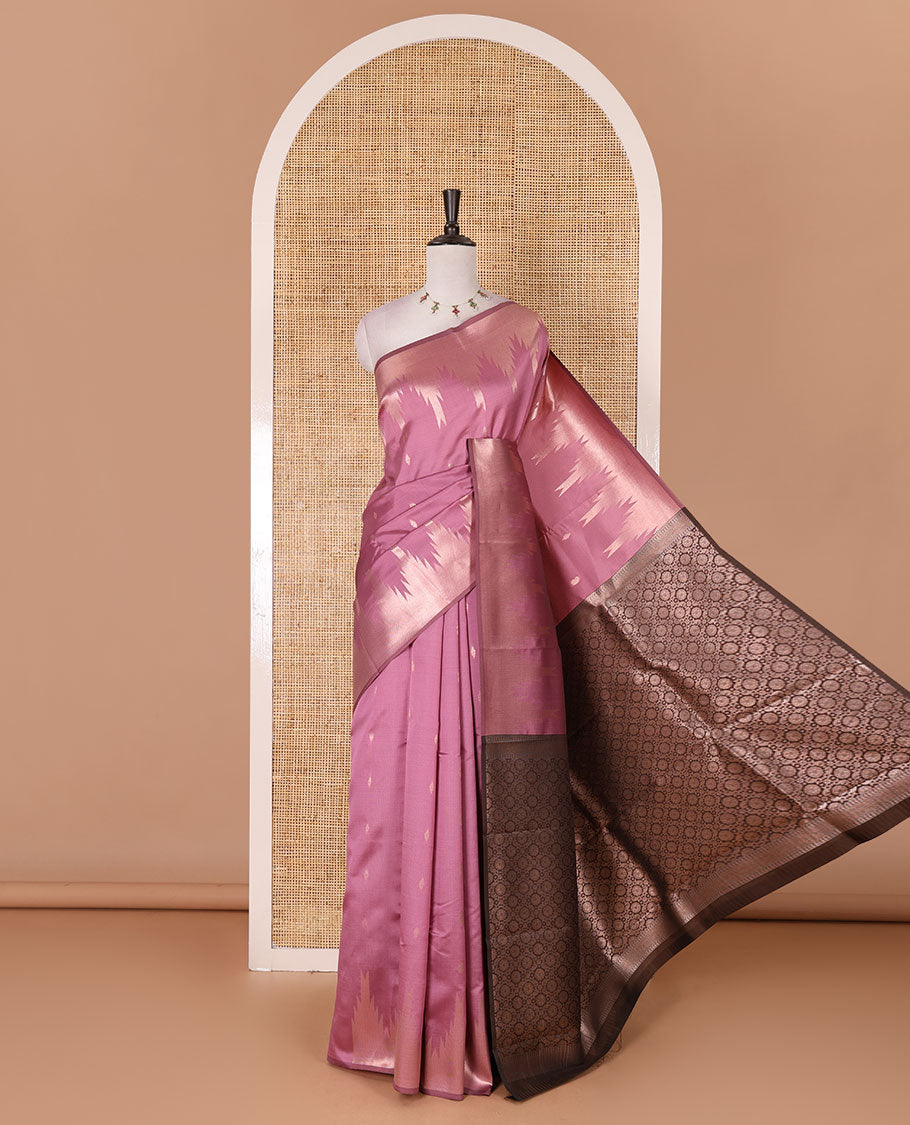 Pink zari buttas kanchi silk saree, temple zari border, zari-rich jaal pallu, and zari motifs woven blouse