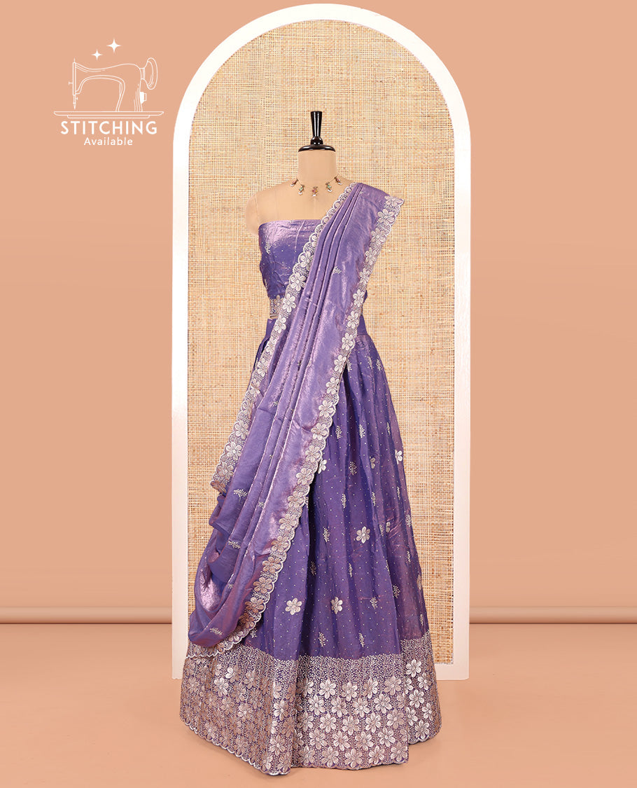 Lavender Fendi Organza Half-Saree Set, Features Floral Embroidered Skirt, Matching Blouse, Embroidered Dupatta