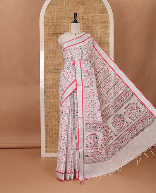 White with pink vareli pattern printed design linen with silver zari bawanchi border  & printed pallu with tussels