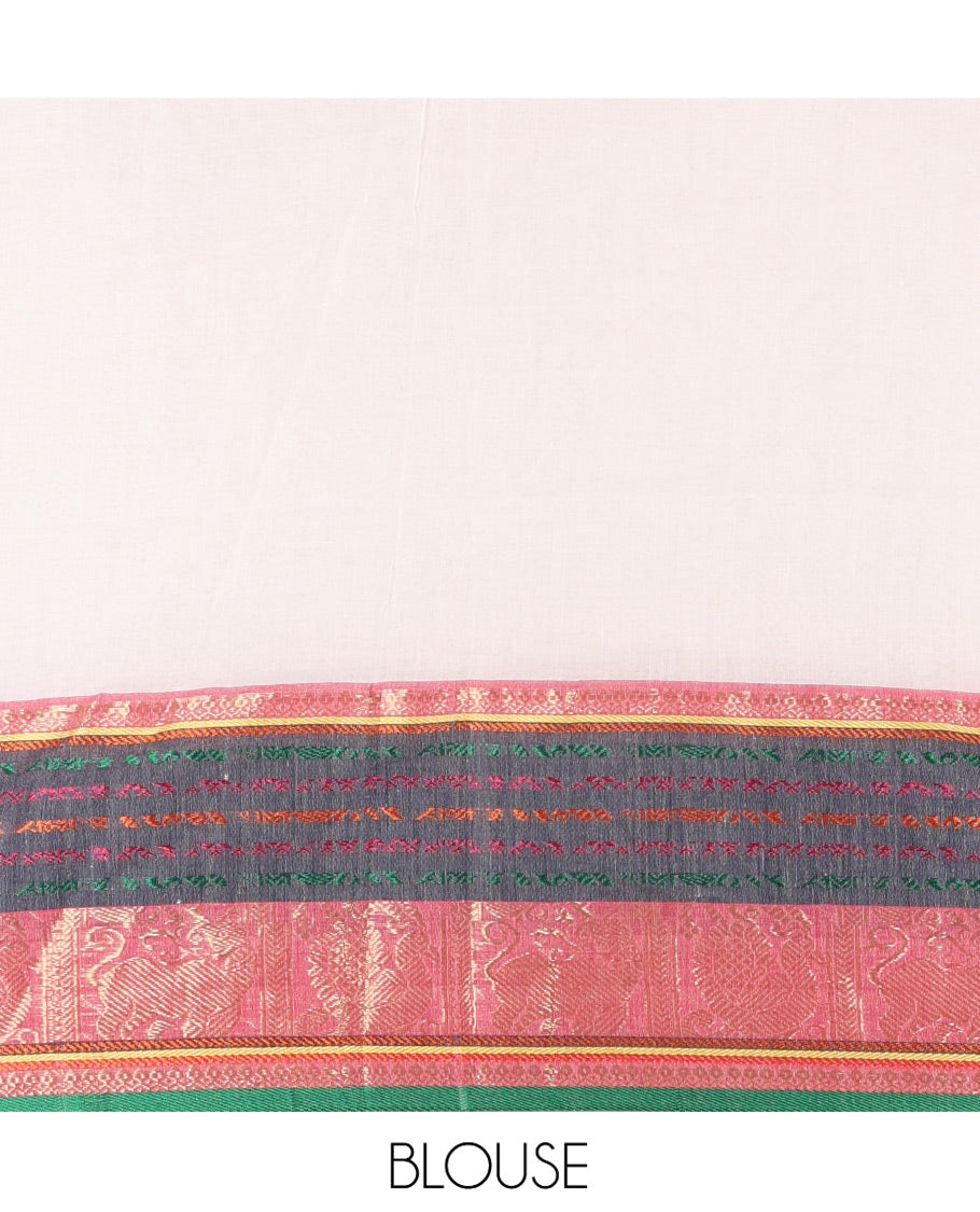 Cream Khadi Mul Cotton Saree, Adorned with Contrast Traditional Yaali-Peacock Border and a Matching Blouse