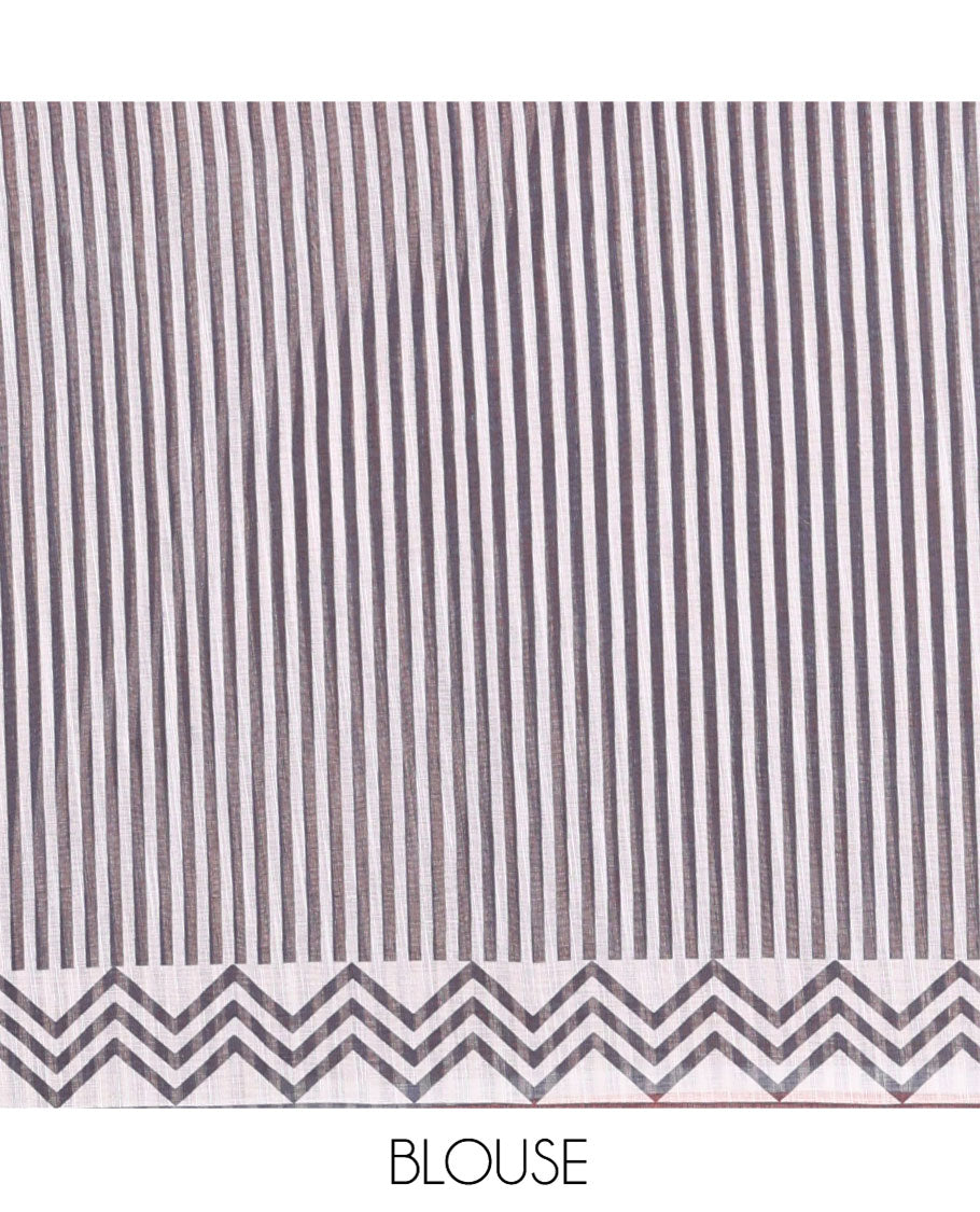 Pale Yellow-Tomato Red Linen Cotton Saree, Accentuated with Ombre-Style Dyed with Mirror Work Across Its Body, Subtly Sparkled Scallop Thread Border, Pallu Steeped with Stripes and Mirror Work, and Paired with a Contrast Vertical Stripes Printed Blouse