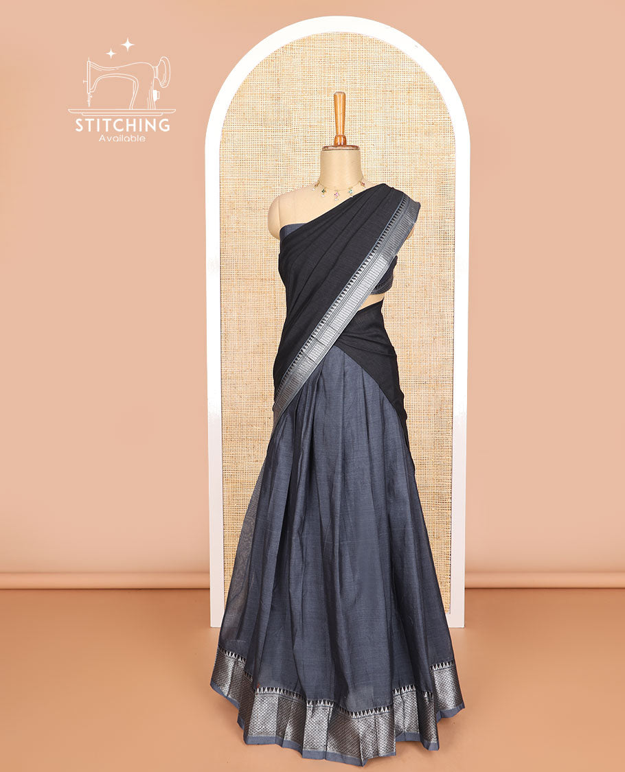 Dark grey cotton half saree with contrast zari design border, zari design blouse & plain , zari design border dhavani