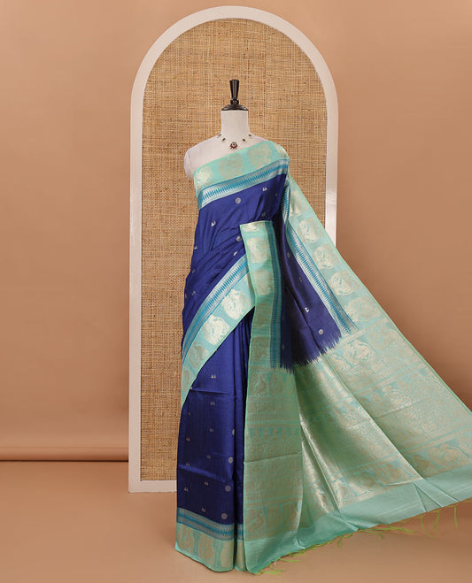 Royal blue temple & rudraksham motifs fancy tussar saree, contrast traditional zari peacocks border, pallu of peacock & Mughal floral design, & contrast zari blouse