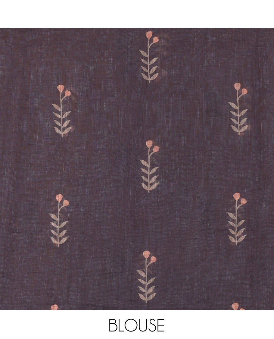 Borderless Brown Linen Cotton Saree, Adorned with Leaf Print, a Contrast Leaf-Printed Pallu, and Contrast Blouse