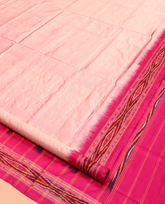 Pink Plain Pochampally Ikat Silk Saree, Complemented by a Contrast Ikat Textured Border, Ikat Pallu, and No Blouse