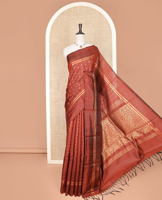 Rust Orange Dupion Silk Saree, Steeped with Zari Buttas All Over Its Body, Subtly Woven Zari Striped Border, Gleaming Pallu of Floral Vine Designs, and Paired with a Matching Blouse
