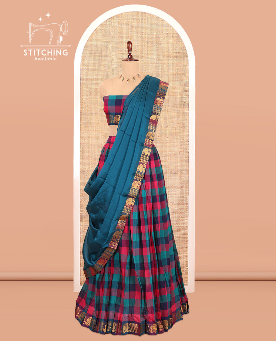 Multi-Color Checked Chettinad Cotton Half-Saree Features a Leaf Zari Border, Matching Blouse, Contrast Dhavani