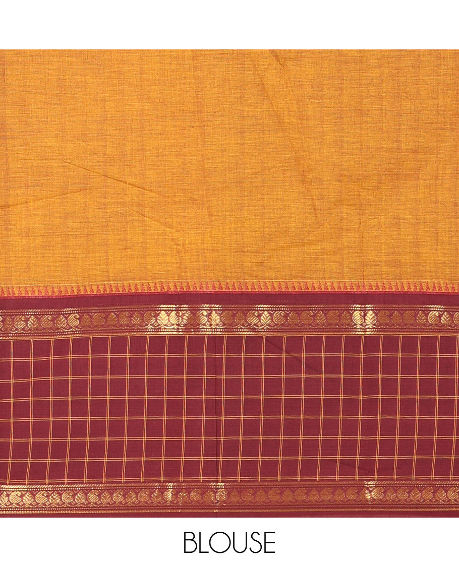 Mustard Plain Chettinad Cotton Saree, a Contrast Temple Butta Enclosed Checked Border, and a Matching Blouse