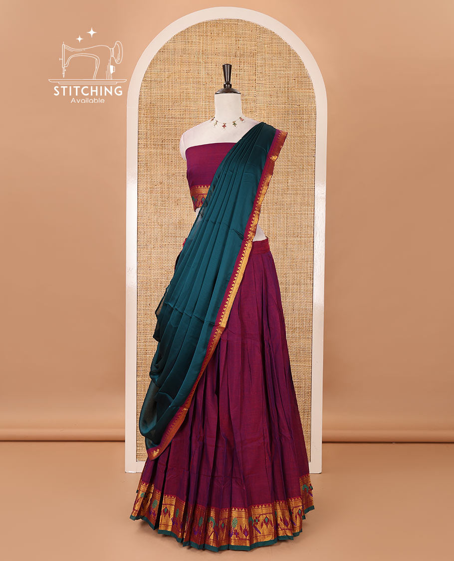 Magenta mercerised cotton half-saree, plain & contrast paithani peacock border skirt, matching blouse & contrast plain zari border dhavani