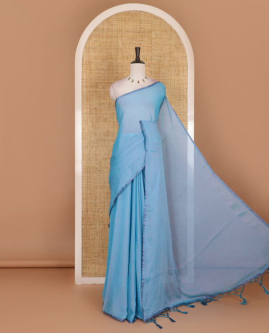 Borderless sky blue plain design viscose saree, flower motifs printed matching blouse