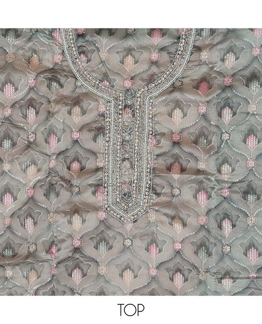 Green chudidhar material set floral sequins embroidered top with plain bottom & sequins embroidered dupatta