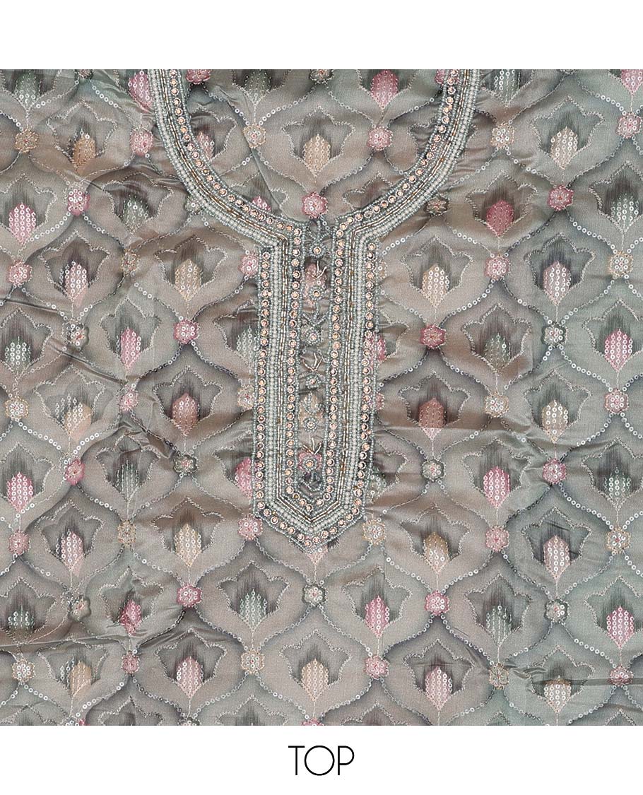Green chudidhar material set floral sequins embroidered top with plain bottom & sequins embroidered dupatta