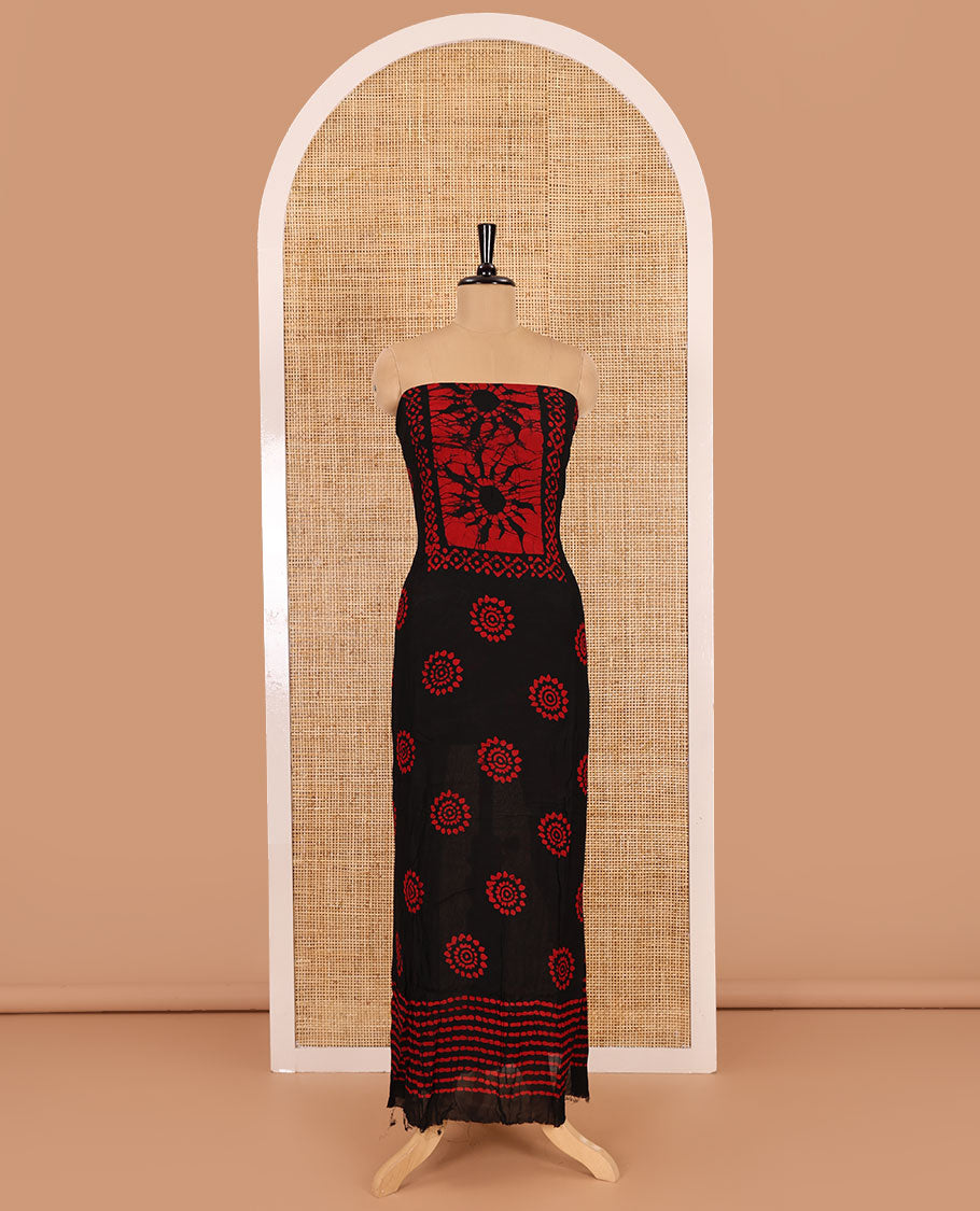 Black and red material chudidar set, sun brust and chakra motifs hand block printed Viscose georgette top, contrast bottom, and hand block printed viscose georgette dupatta