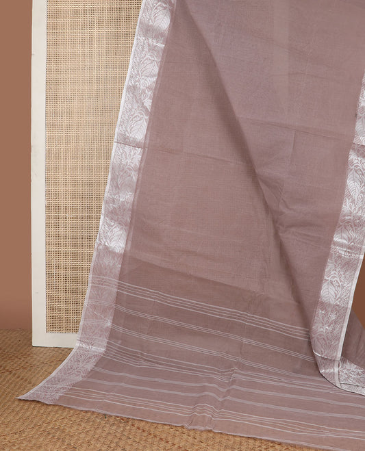 Brown bengal cotton saree with contrast floral design border & striped pallu