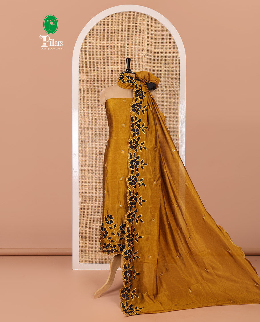 Yellow material chudidar set, sequins work with floral Aplic embroidered Vichitra silk top, matching bottom, and an embroidered dupatta