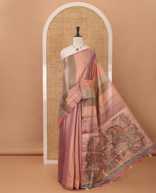 Baby pink rainbow-striped mercerised tissue saree, madhubani-style peacocks print pallu & kalamkari floral vine print pallu