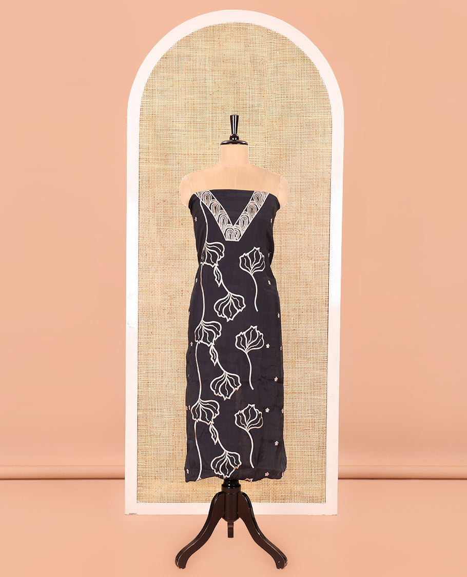 Black Mul Chanderi Material Churidar Set, Spotlighted with Flower Embroidery and Sequins Work V-Neck Top, a Plain Santoon Bottom, and Paired with a Mul Chanderi Floral Embroidered Dupatta