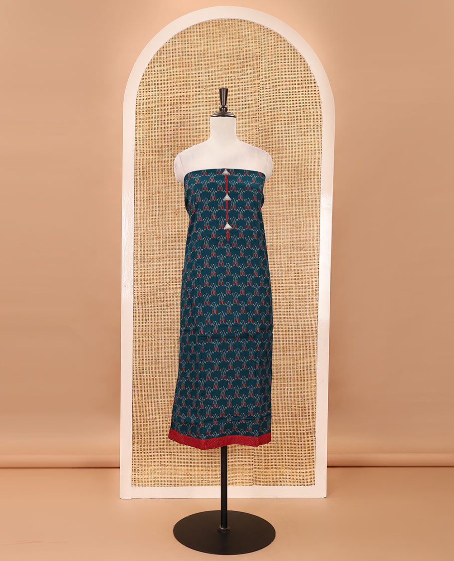 Blue flex cotton material chudidar set, ikkat printed & oxidised charm woven top, contrast bottom & negative printed dupatta