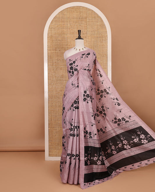 Borderless light lavender five petal floral motifs printed semi tussar saree, self-pallu of  floral print, and printed blouse