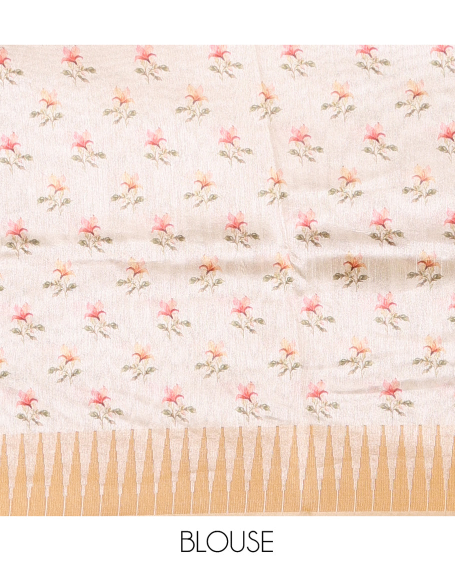 Cream Semi-Tussar Saree, Beautified with Floral Print, Zari Temple Border, and a Matching Blouse
