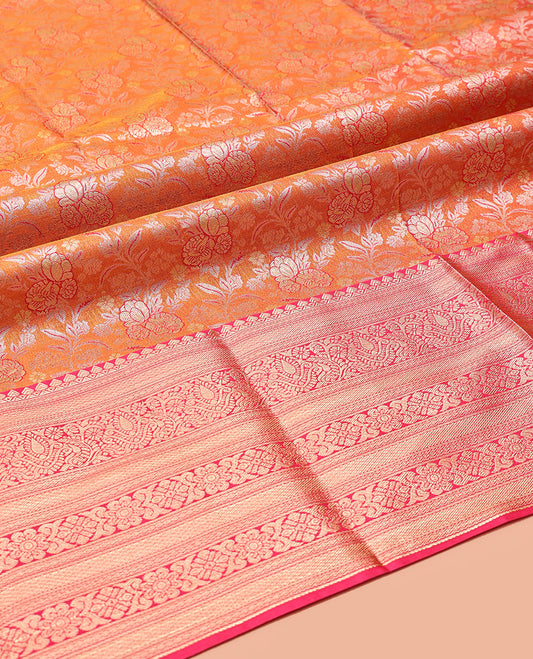 Orange Art Silk Half-Saree, Graced with Floral Jacquard Design, Contrast Traditional Zari Border, and Paired with a Matching Blouse