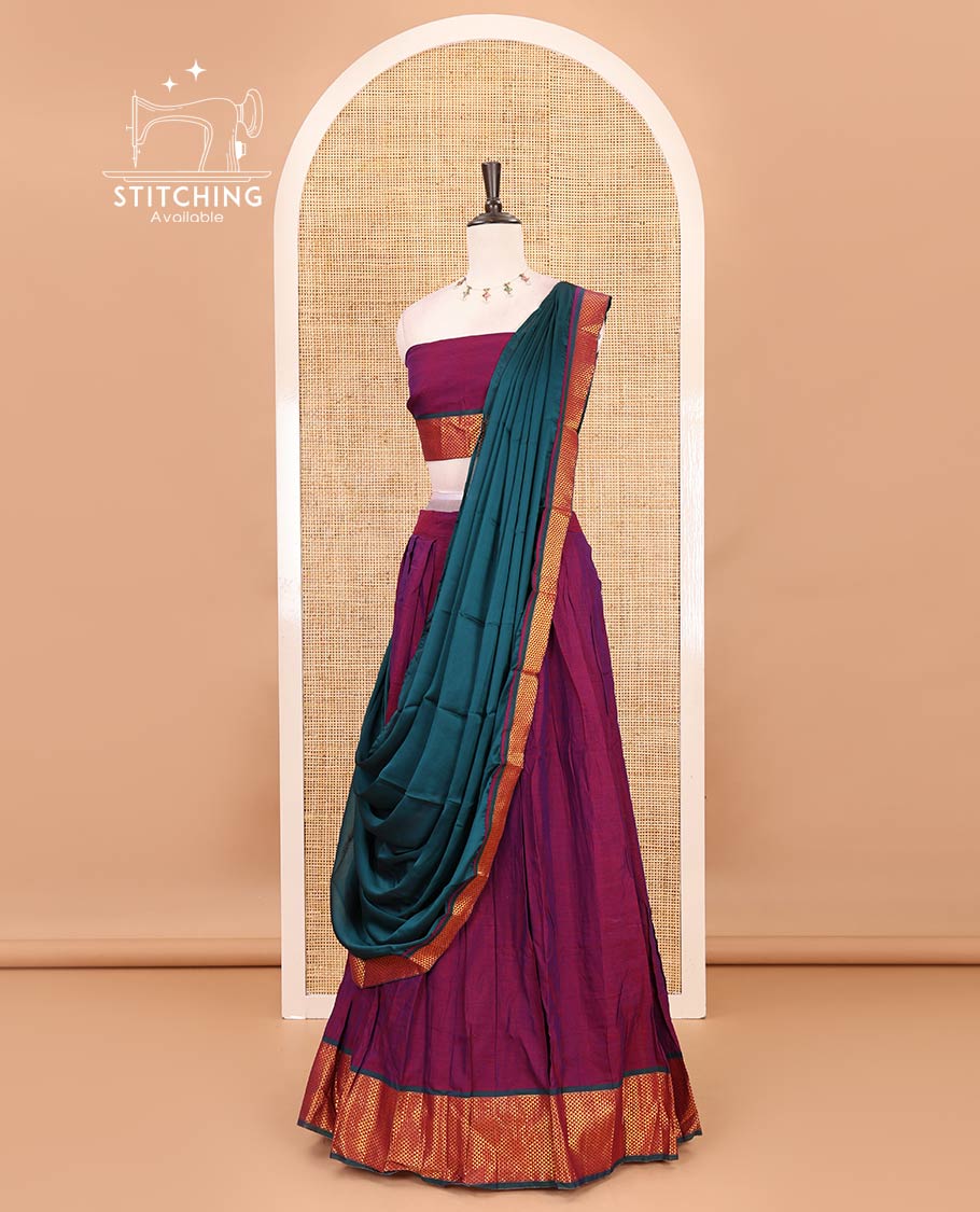 Magenta-green Mercerised cotton half-saree, plain with contrast arai madam border skirt, matching blouse & contrast arai madam border dhavani