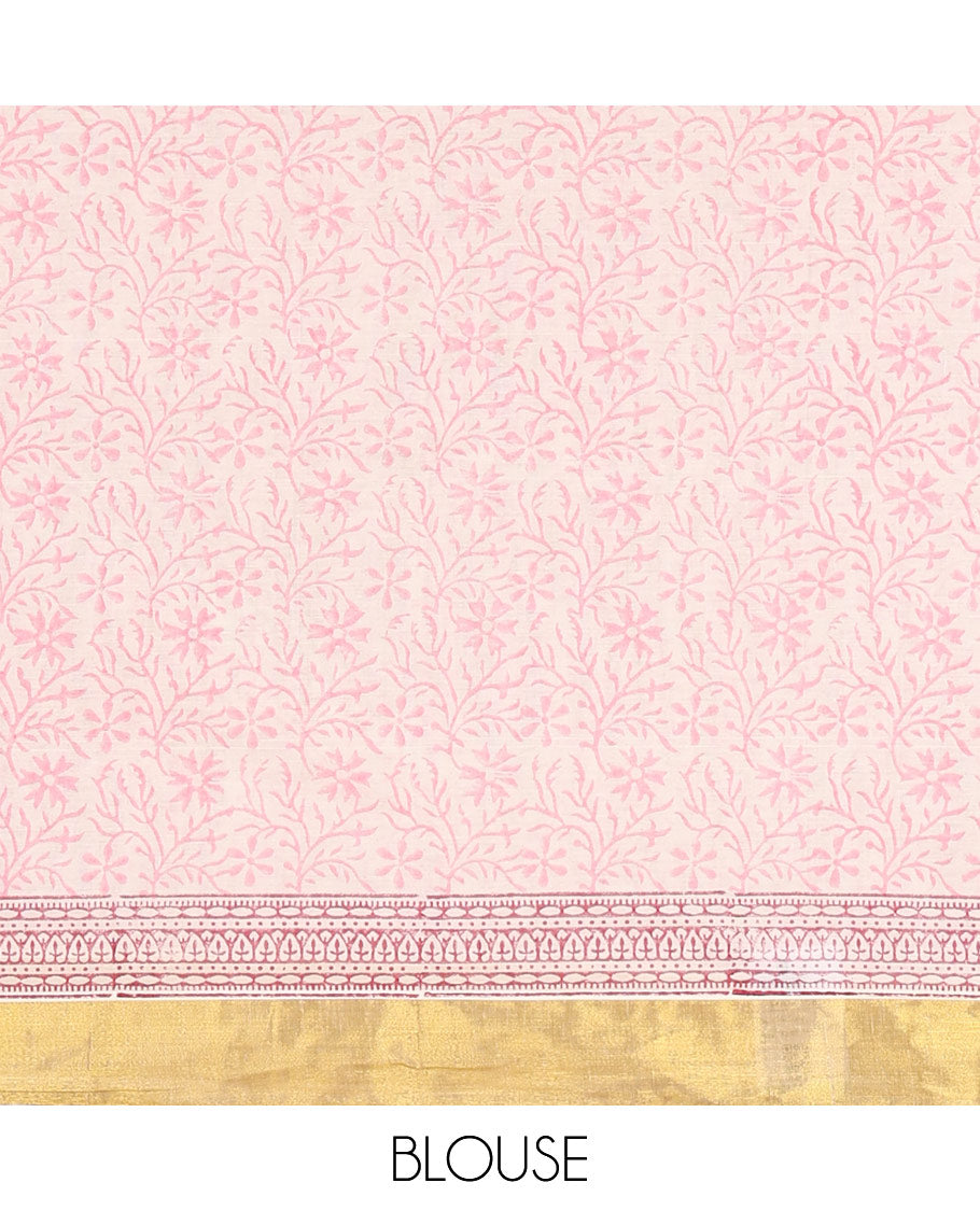 Cream Kerala Cotton Saree, Adorned with Floral Buttas All Over Its Body, Highlighted by Golden Zari Border, Pallu Depicts the Same Floral Print, and Paired with a Matching Floral Printed Blouse