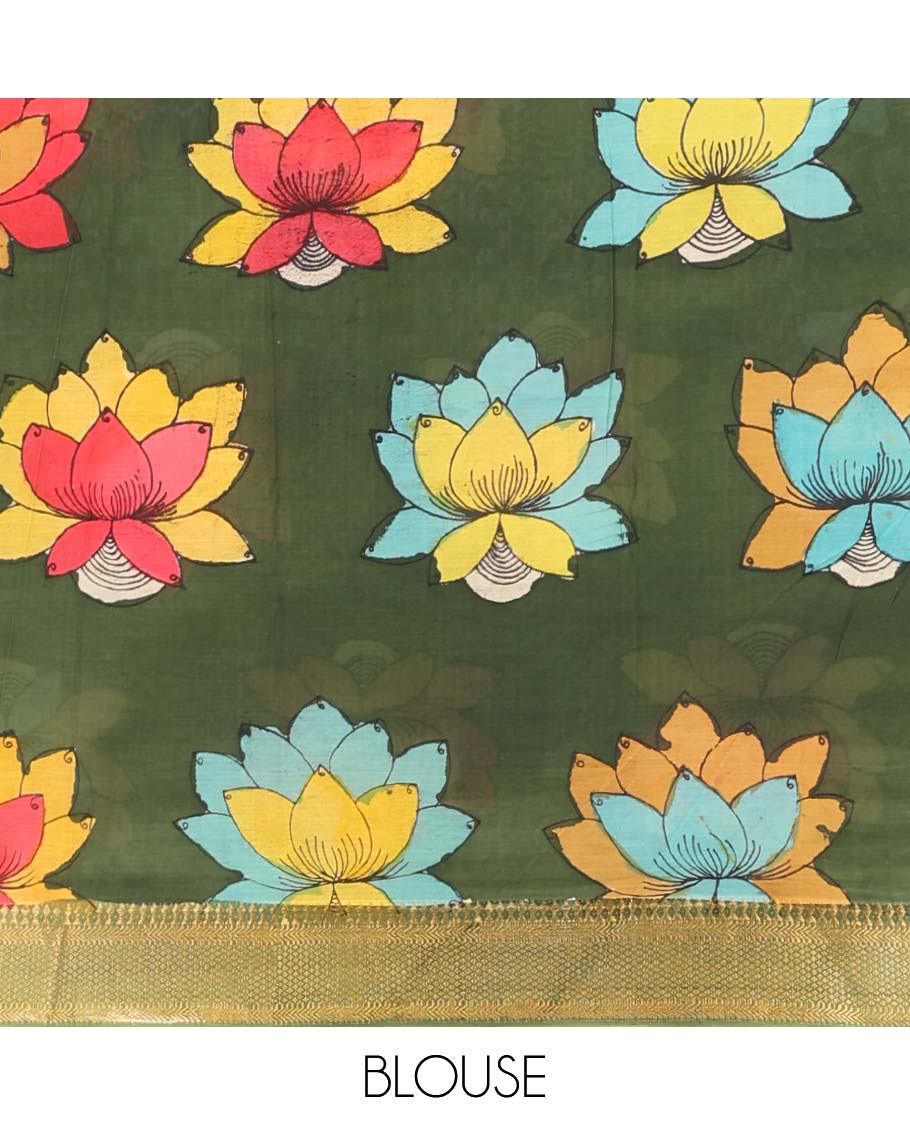 Mustard floral,peacock design handpainted pen kalamkari silk saree with contrast zari border & peacock design pallu