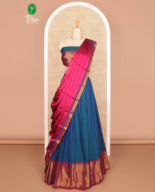 Blue mercerised cotton daman zari border  half saree with mercerised cotton blouse & skya georgette one side zari border work