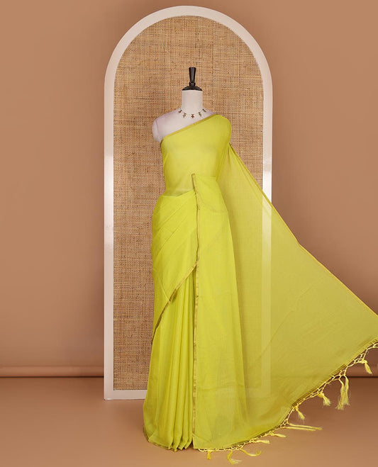 Borderless leaf green plain design viscose saree, flower motifs printed matching blouse