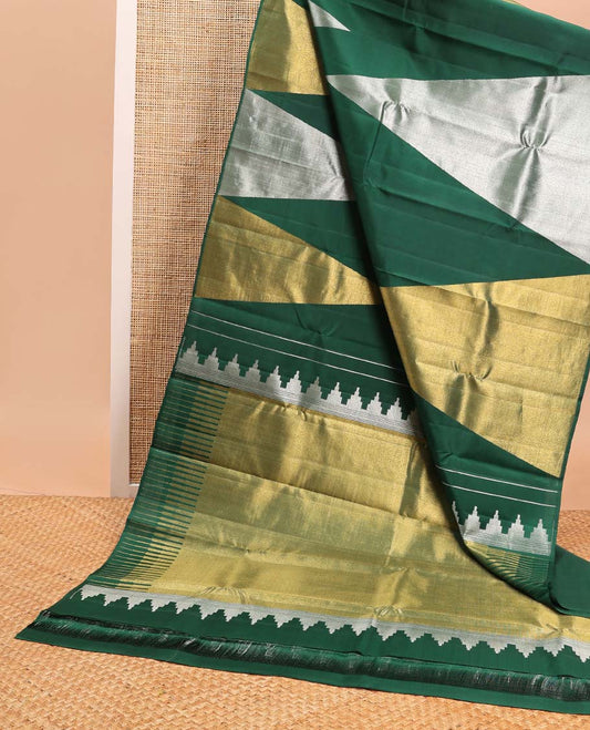 Dark green temple design kanchipuram designer silk saree with bhavanji design pallu