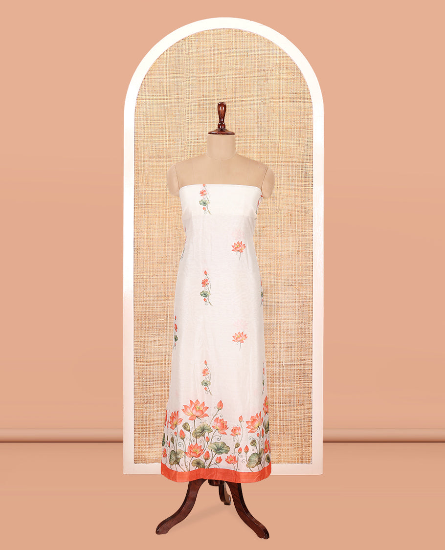 Cream-Peach Semi-Silk Material Chudidar, Lotus Printed Top, Matching Bottom, Lotus Printed Dupatta