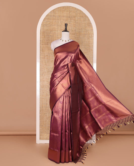 Wine paisley zari jacquard Kanchi tissue saree, zari border, pallu steeped with paisleys, and jacquard matching blouse
