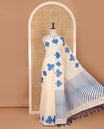 Cream-blue plain Kerala cotton saree, contrast color cards-theme printed border of Diamonds, Clubs, and Spades, leheriya-striped pallu, and plain blouse