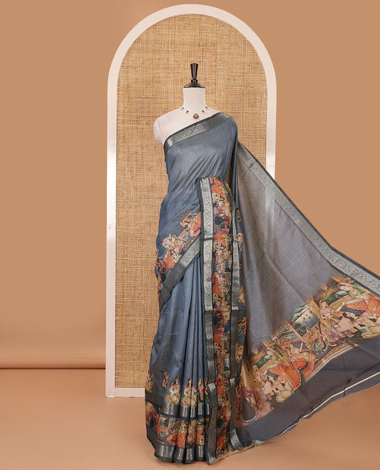Grey ancient Mughal human printed semi-tussar saree, traditional zari rettai pettu ancient human motifs print border, printed pallu & running blouse