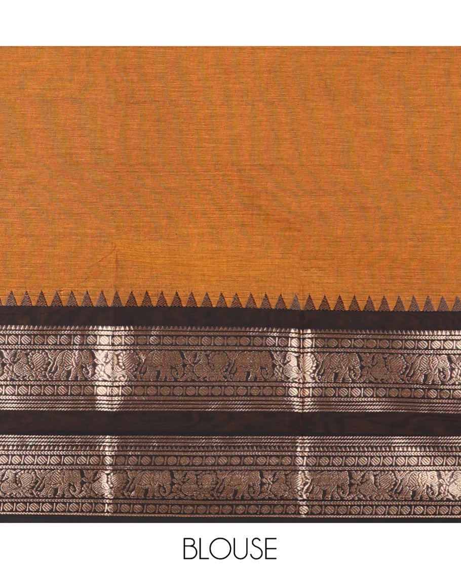 Mustard Plain Chettinad Cotton Saree, Complemented by Contrast Peacock-Elephant Temple Border, Striped Pallu, and a Matching Blouse