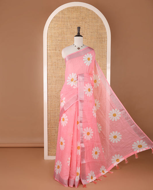 Light pink sunflower motif printed linen saree, silver zari plain border & small sunflower motif print blouse