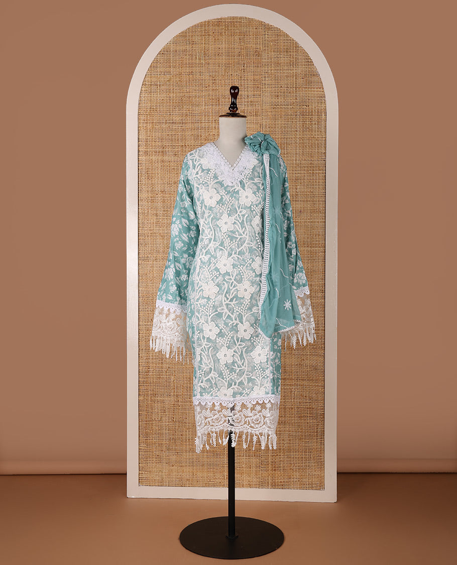 Blue chudidar material set, floral embroidery with daman crochet lace work jam cotton top, white thread argyle design embroidery with lace work nazlin dupatta, unique motifs printed bottom