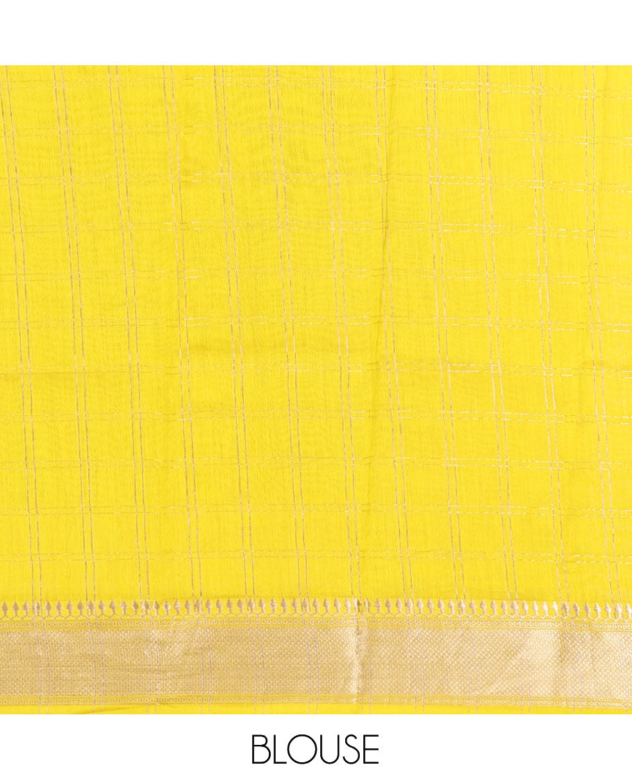 Yellow Checked Assam Silk Saree, Highlighted by a Traditional Zari Border, Zari-Striped Pallu, and a Matching Blouse