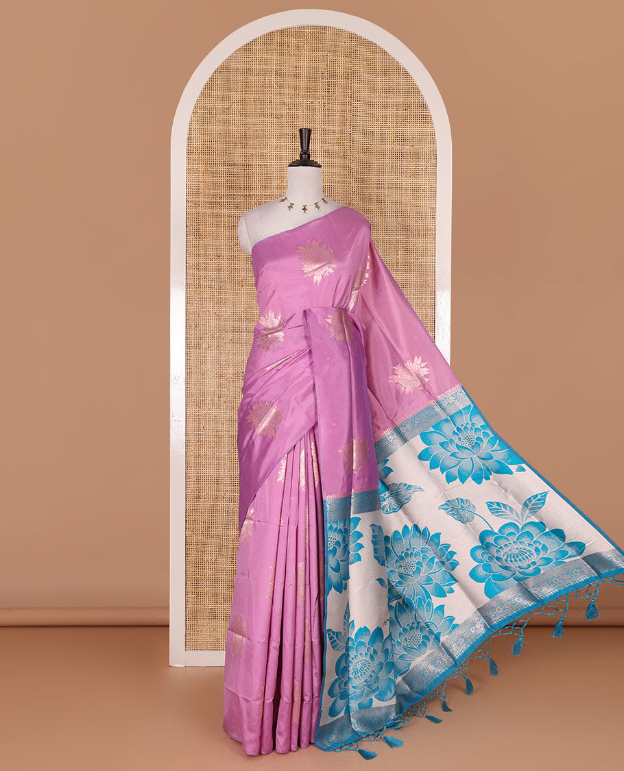Borderless pink floral motifs steeped elite soft silk saree, contrast lotus-like motifs pallu, and contrast buttas blouse