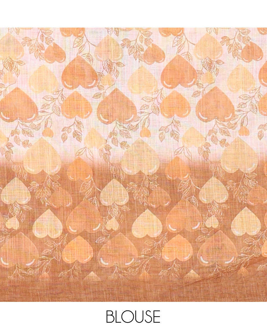 Borderless Brown Heart Motifs Printed Linen-Cotton Saree, a Self-Printed Pallu, and a Matching Blouse