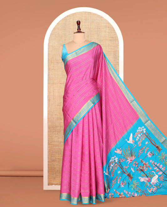 Pink Mysore Silk Saree, Gleamed up with Zari Checked Design on its Body, Complemented by Captivating Contrast Border of Traditional Zari Designs, Pallu of Tropical Flora and Flamingo Bird Designs, and Paired with a Contrast Blouse