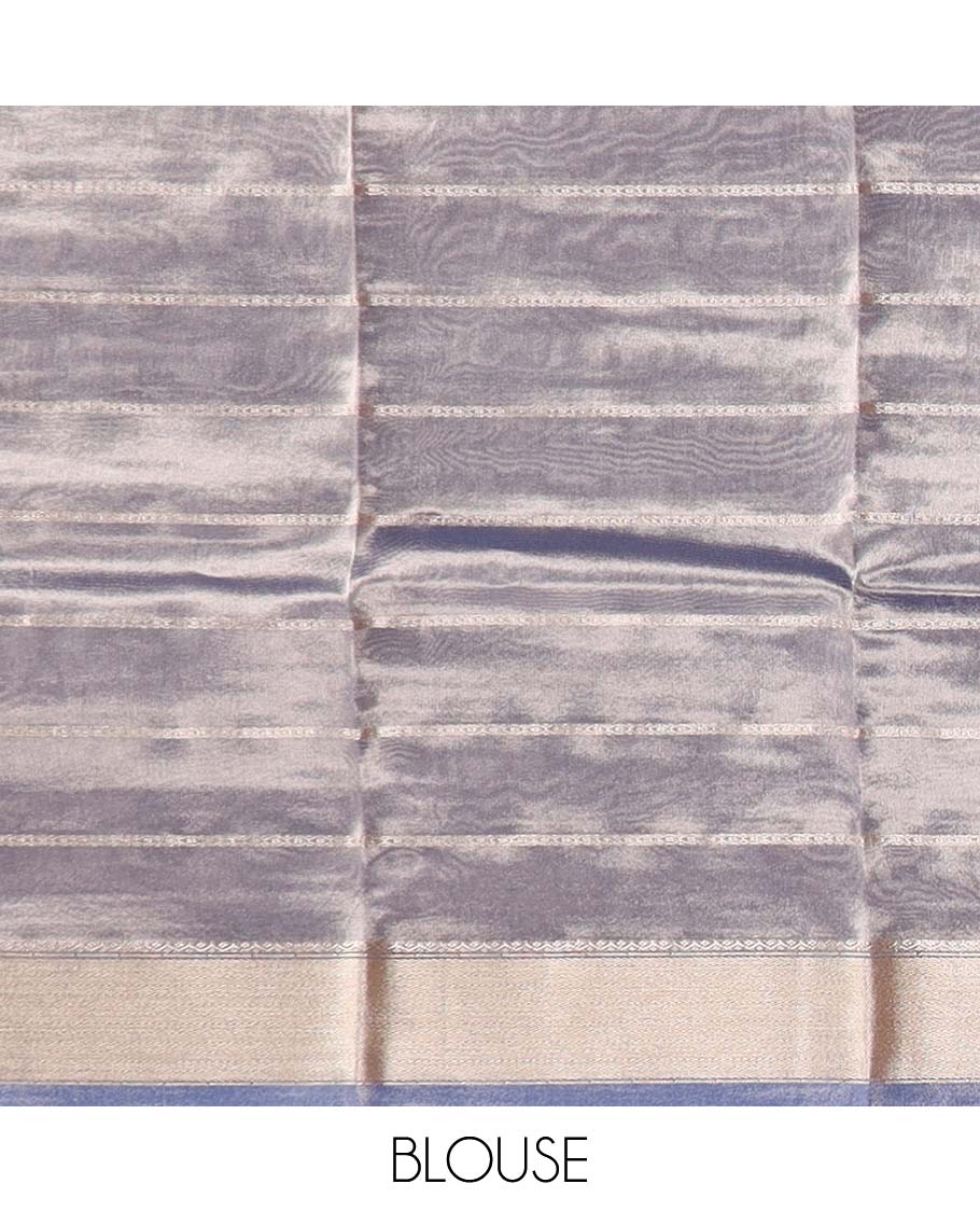 Blue striped semi-banaras tissue saree, plain border & striped pallu 