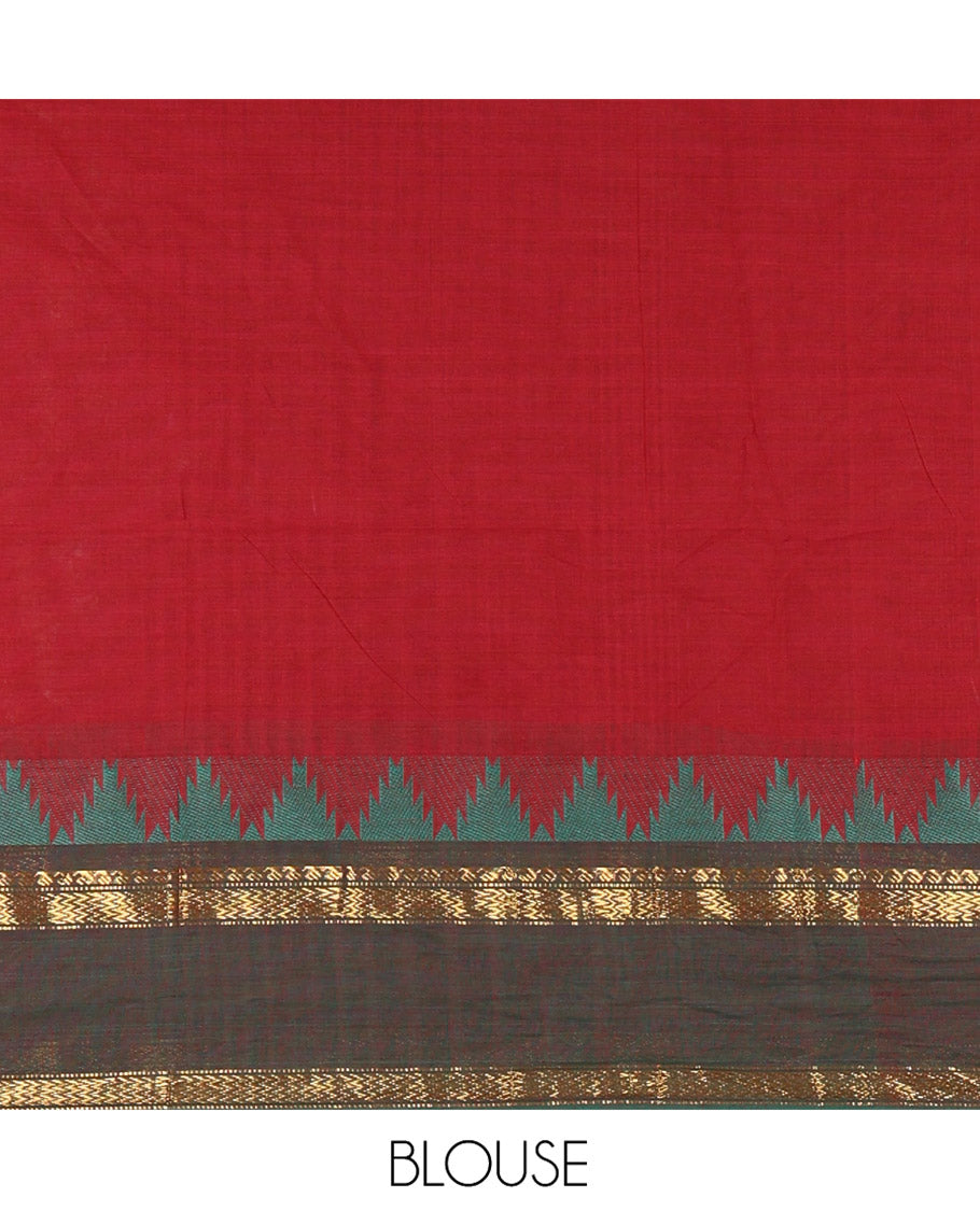 Maroon Chettinad Cotton Saree, Subtly Sparkled with Thread Buttas All Over Its Body, Complemented by a Contrast Border Rettai Pettu Border of Paisley and Chevron Stripes, Subtly Designed Pallu, and Paired with a Matching Blouse