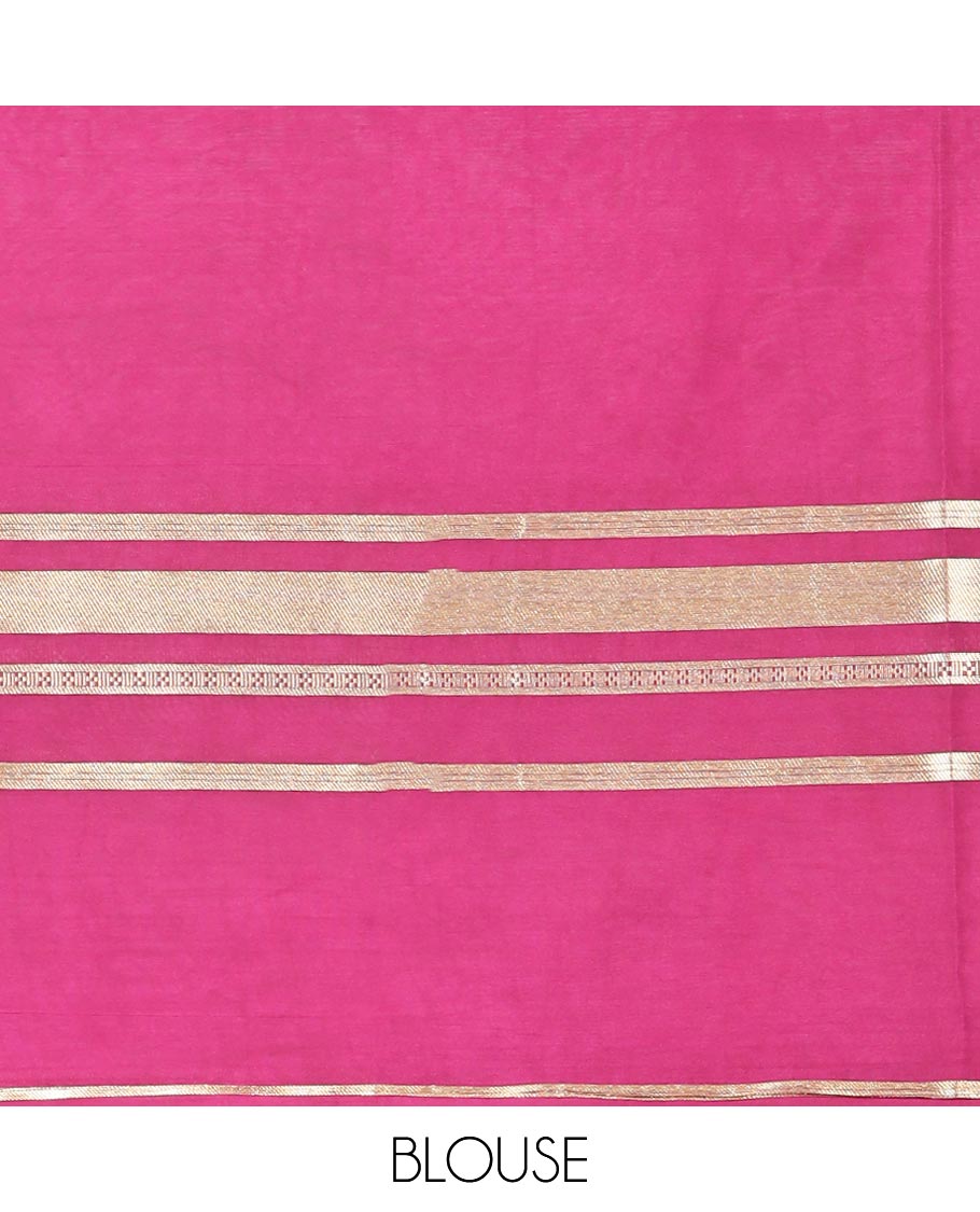 Pink floral vine design mysore silk saree with contrast zari border & striped zari pallu