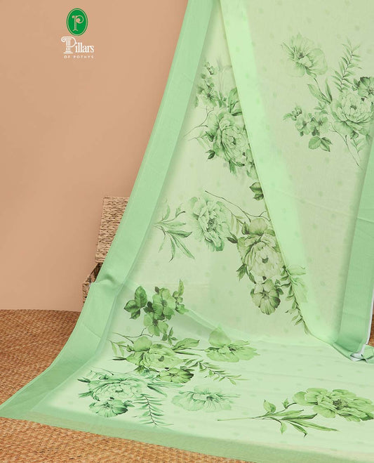 Green digital floral print georgette saree with satin border & self pallu