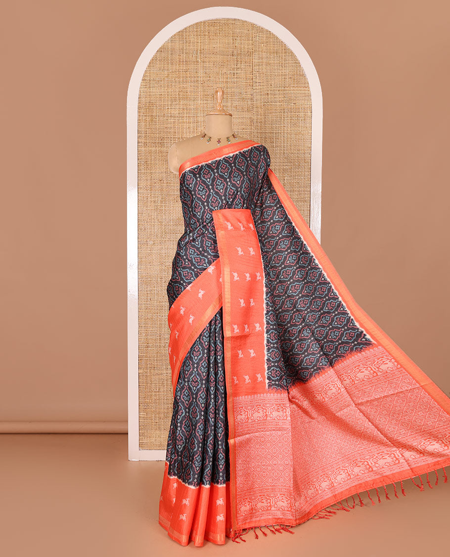 Black Pochampally ikkat printed katan silk saree, contrast deer motifs printed zari border, jaal printed pallu, and contrast deer motifs printed blouse